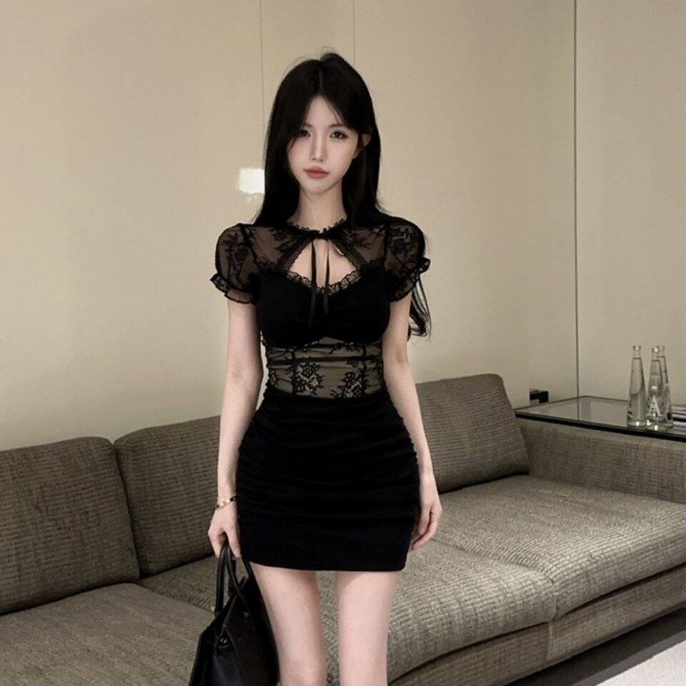 性感辣妹镂空蕾丝短袖连衣裙女