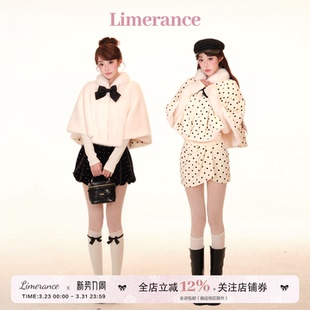 中古啵啵 可拆卸蝴蝶结 春氛围感正反两穿波点仿貂毛斗篷短裙套装