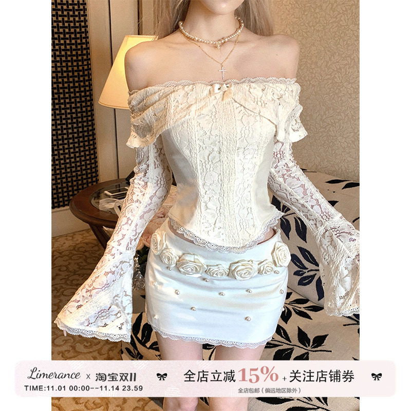 甜梨呆呆 香氛初恋夏季米色一字肩蕾丝上衣+订珠立体花半身裙短裙