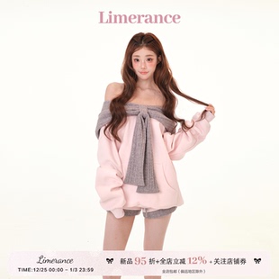 雾港甜章 设计感撞色一字肩多穿连帽宽松加绒卫衣短裤套装秋冬