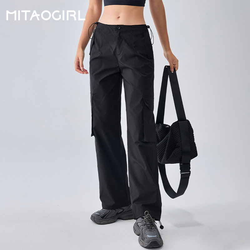 Mitaogirl黑色运动裤女宽松冲锋工装裤速干户外健身服跑步登山裤