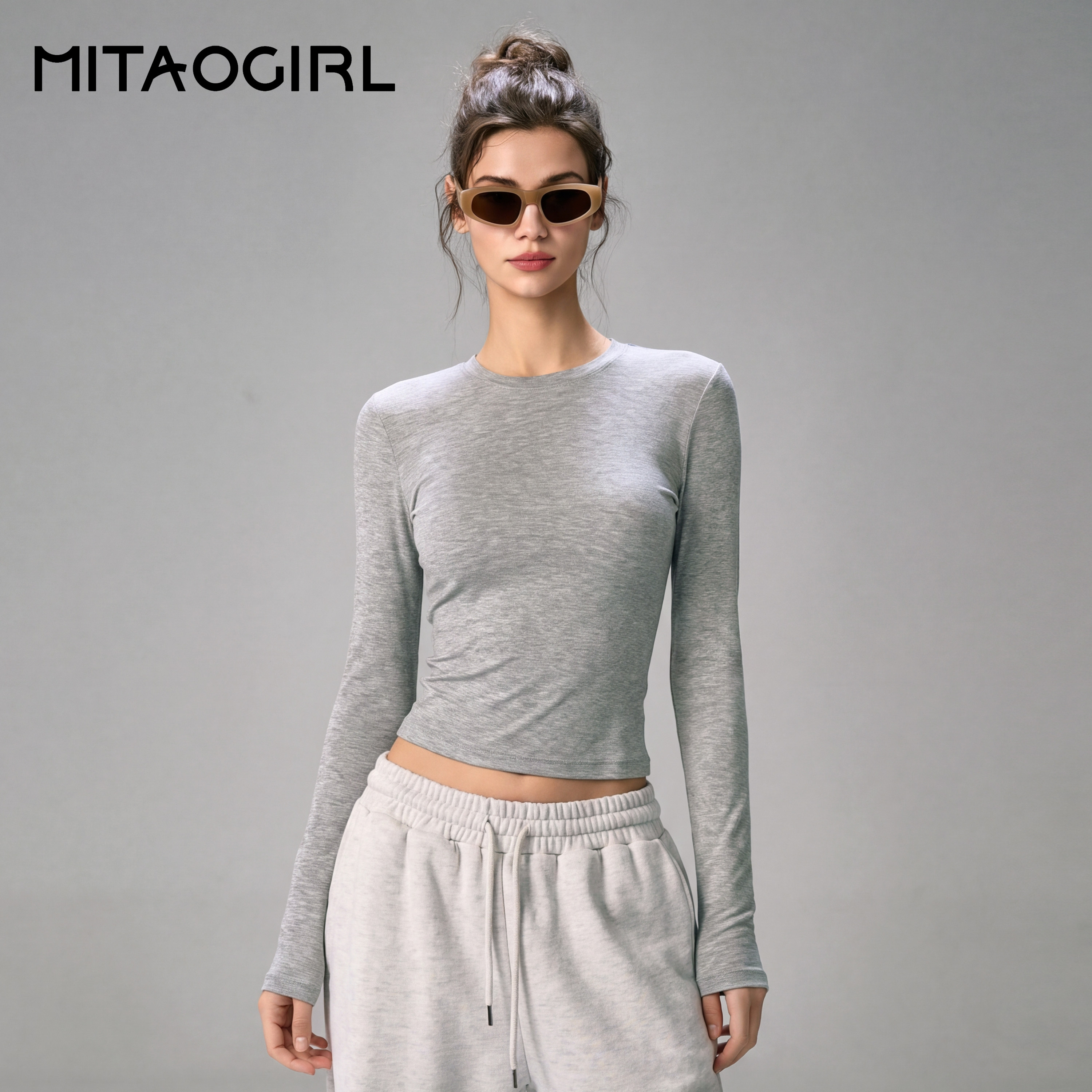 MITAOGIRL肯豆打底长袖上衣女修身速干运动T恤跑步训练健身瑜伽服