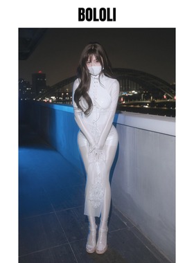 BOLOLI国风高开叉蕾丝旗袍漆皮马油打底衣七夕套装cosplay摄影会