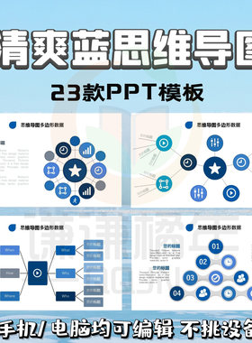 蓝色思维导图PPT模板企业部门工作汇报销售培训商务数据分析图表