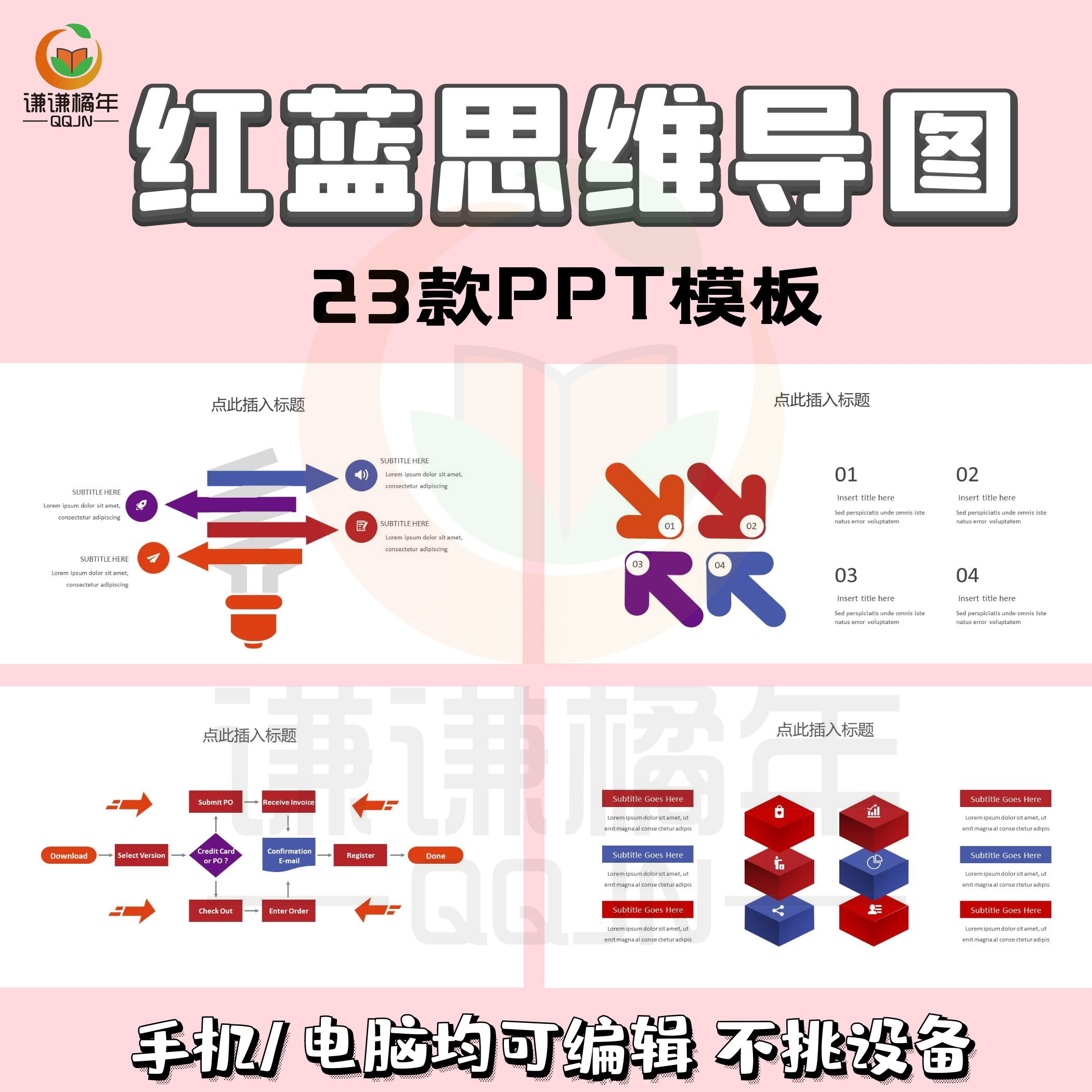 红蓝思维导图PPT模板企业部门工作汇报销售培训商务数据分析图表