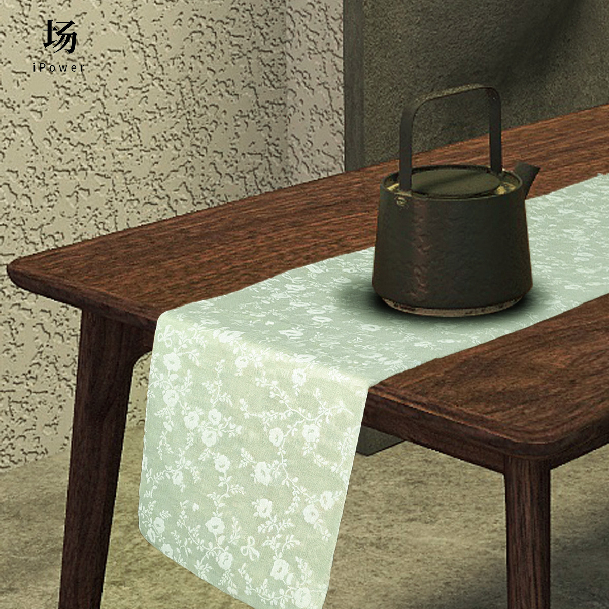 场iPower棉麻桌旗茶席茶旗柜旗床旗桌布双面羊毛亚麻淡绿色定制