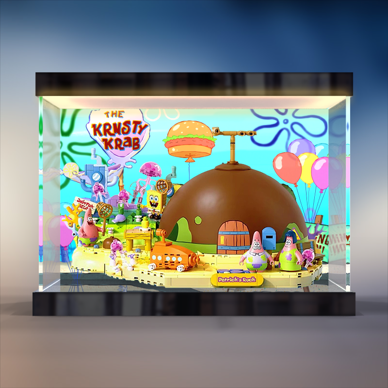 适用AREAX砖区积木海绵宝宝派大星的石头屋玩具亚克力灯箱展示柜