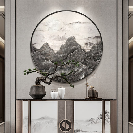 太湖石风景新中式入户玄关装饰画圆形实物抽象挂画 大师设计A074