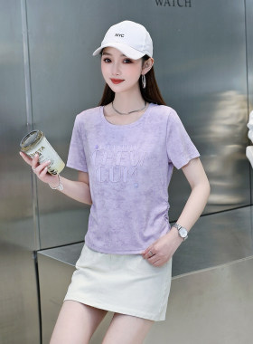 紫色短袖T恤女夏季2026新款字母刺绣短款显瘦设计感小众细闪上衣