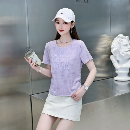 紫色字母印花短袖短款显瘦T恤女