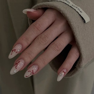 ins高级乳白蝴蝶结纯手工穿戴甲气质显白欧美杏仁美甲中长款甲片