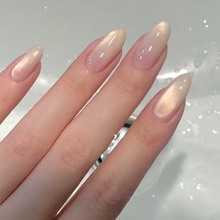 高级冰透猫眼白色海莉纯手工穿戴甲气质显白杏仁美甲中长款 甲片xz