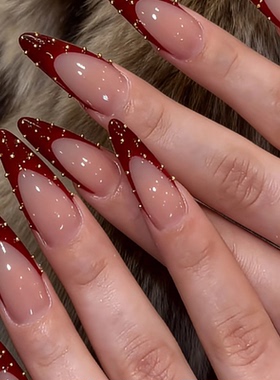 高级简约红色新年海莉纯手工穿戴甲气质显白杏仁美甲中长款甲片