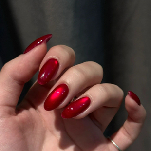 ins高级红色猫眼纯手工穿戴甲气质显白杏仁美甲氛围短款 甲片pz