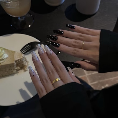 ins高级风系列波点纯手工穿戴甲气质显白欧美梯形美甲中长款甲片