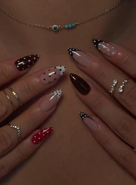 ins高级风系列波点纯手工穿戴甲气质显白欧美杏仁美甲中长款甲片