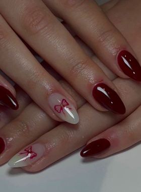 高级新年红色波点海莉纯手工穿戴甲气质显白杏仁美甲中长款甲片