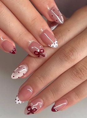 高级新年红色波点海莉纯手工穿戴甲气质显白杏仁美甲中长款甲片