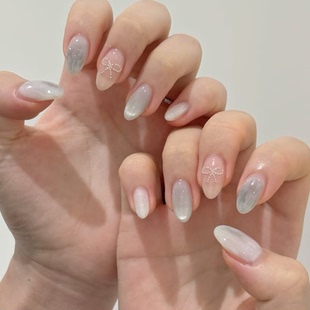 高级简约蝴蝶结纯手工穿戴甲气质显白杏仁美甲短款 甲片xg