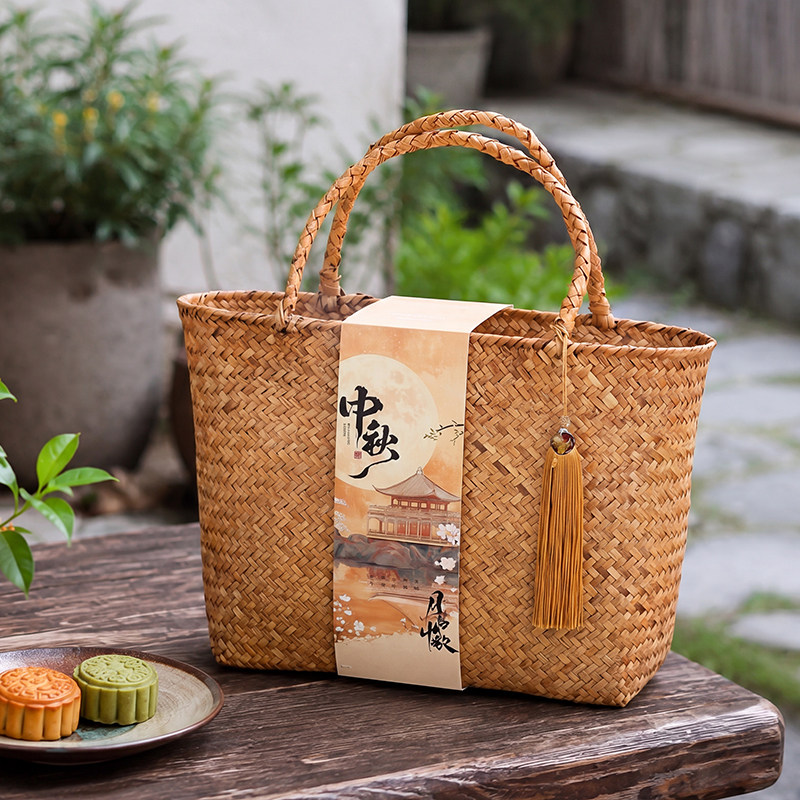月饼礼盒包装创意手工编制草编手提礼品盒中秋节空盒子二次利用