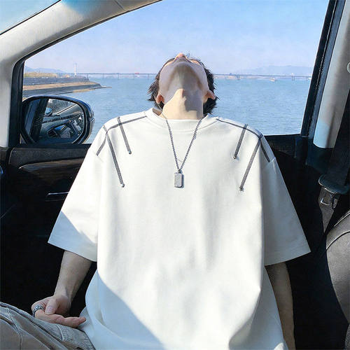 隐哲穿搭DT6278夏季270克美式华棉铆钉哈苏线男生大码宽松短袖T恤