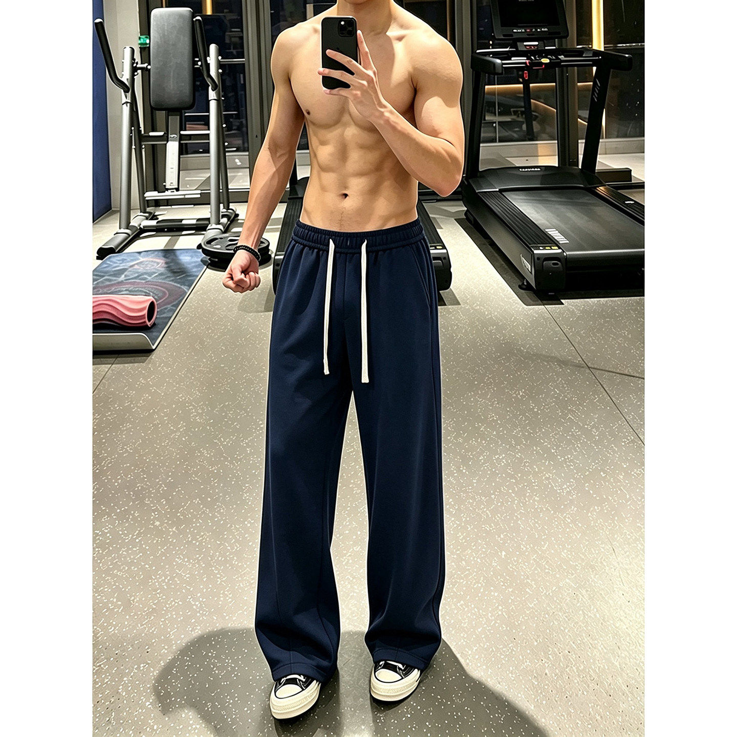 藏青色美式健身直筒卫裤男款秋季垂感显腿长阔腿裤休闲运动长裤