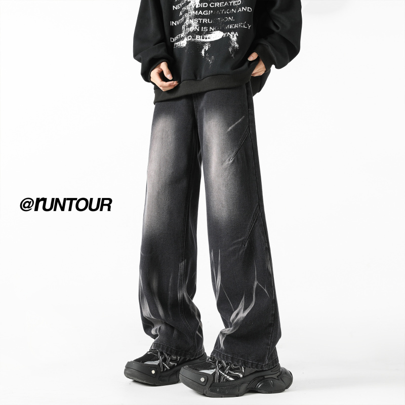 隐哲穿搭K048秋季美式复古扎染牛仔裤男秋季水洗渐变直筒高街裤子