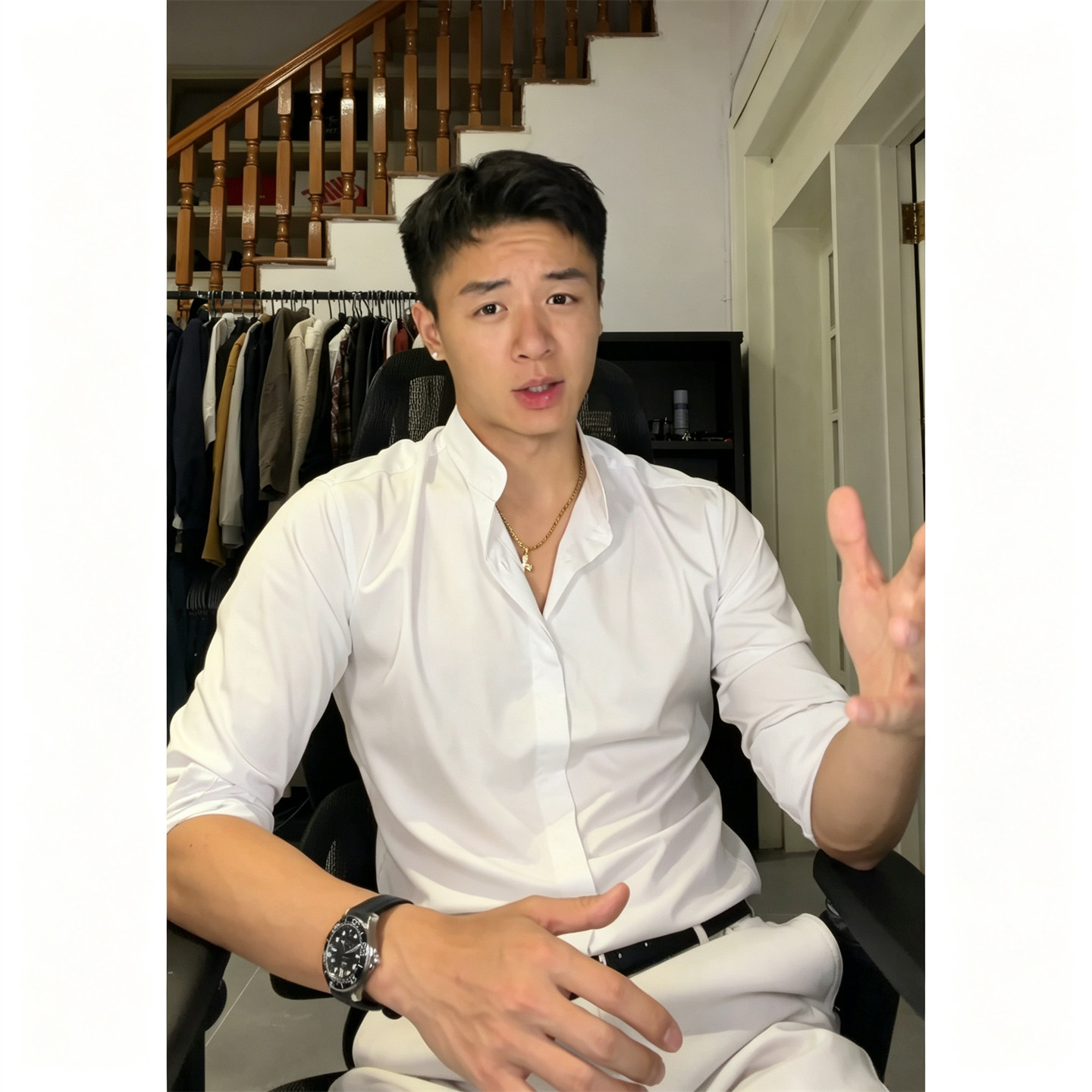那不勒斯白色衬衫男秋季中式立领正肩衬衣高级感男装休闲通勤上衣