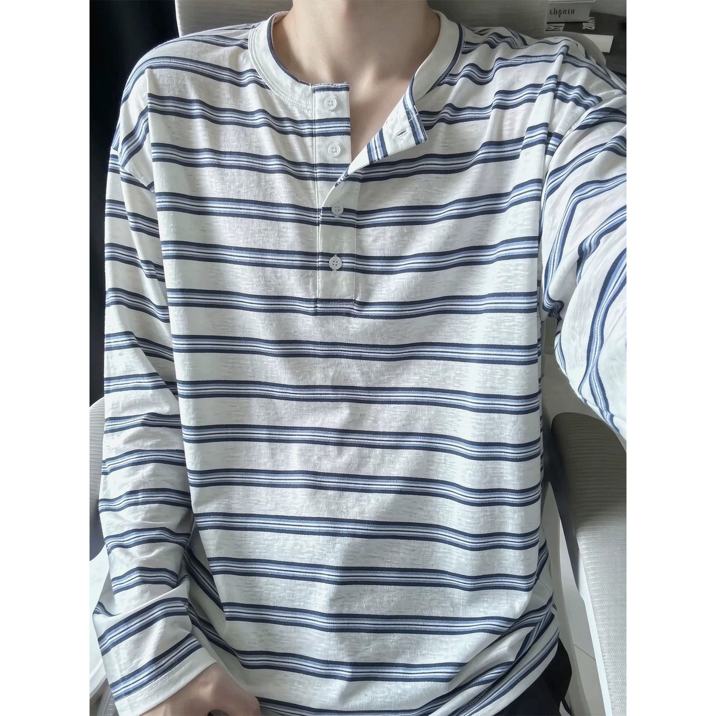 复古条纹长袖t恤男女秋春季少年感穿搭polo领卫衣美式亨利打底衫