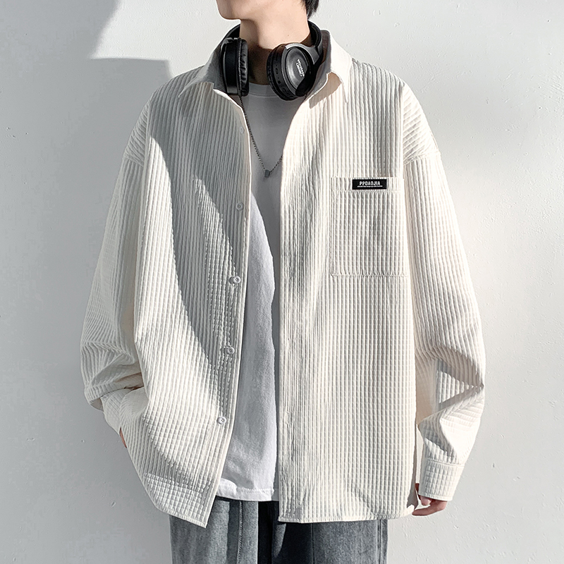 隐哲穿搭C811春季长袖衬衫男日系宽松大码休闲纯色翻领衬衣外套