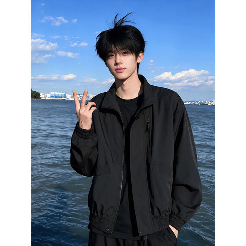黑色立领工装外套男款秋季美式ma1飞行员夹克短款痞帅宽松棒球服