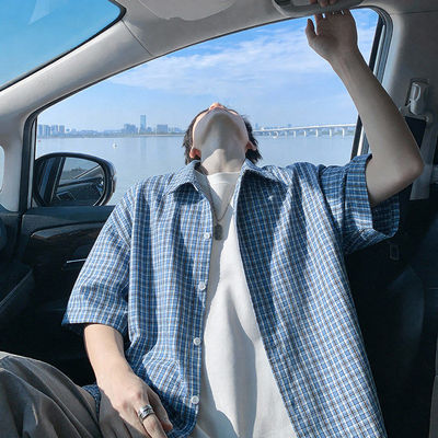 隐哲穿搭CD6402夏季慵懒风格子大码宽松百搭衬衣短袖衬衫外套男