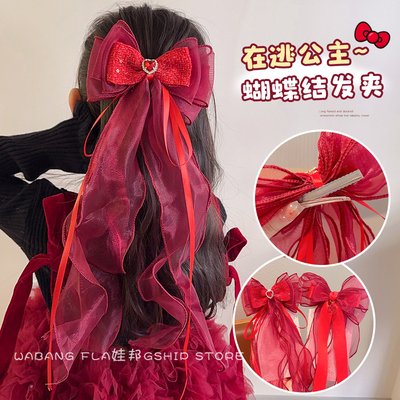 儿童红色蝴蝶结发夹女孩头饰女喜庆过年飘带女童汉服新年公主发饰