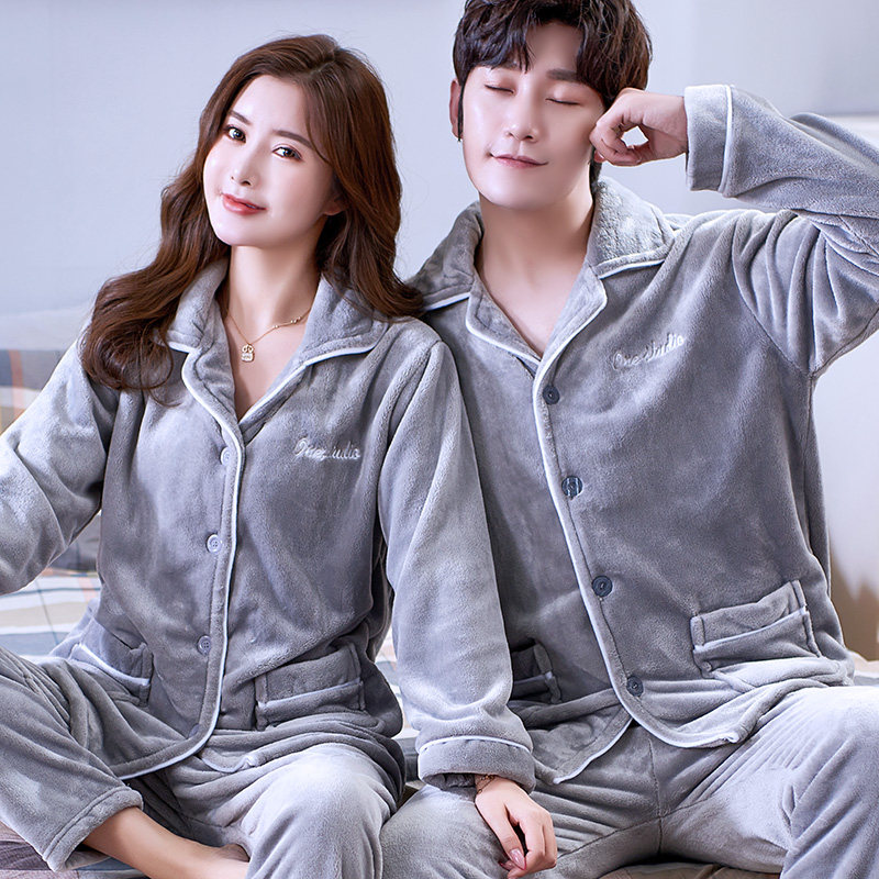 睡衣珊瑚绒女士加厚加绒法兰绒两件套装情侣开衫秋冬季男士家居服