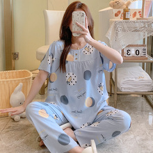 人造棉绸睡衣女夏可外穿绵绸套装短袖长裤可爱新款大码家居服春秋