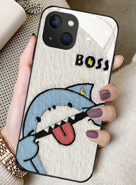油画鲨鱼适用苹果13手机壳iphone12promax少女11新款xs钢化玻璃xr保护套8plus防摔mini全包7p高端se2可爱卡通