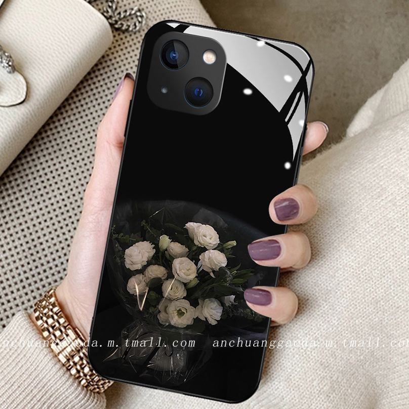 暗黑白玫瑰适用苹果14手机壳iphone13promax女12新款11钢化玻璃15保护套16防摔mini全包8plus高端17简约se2
