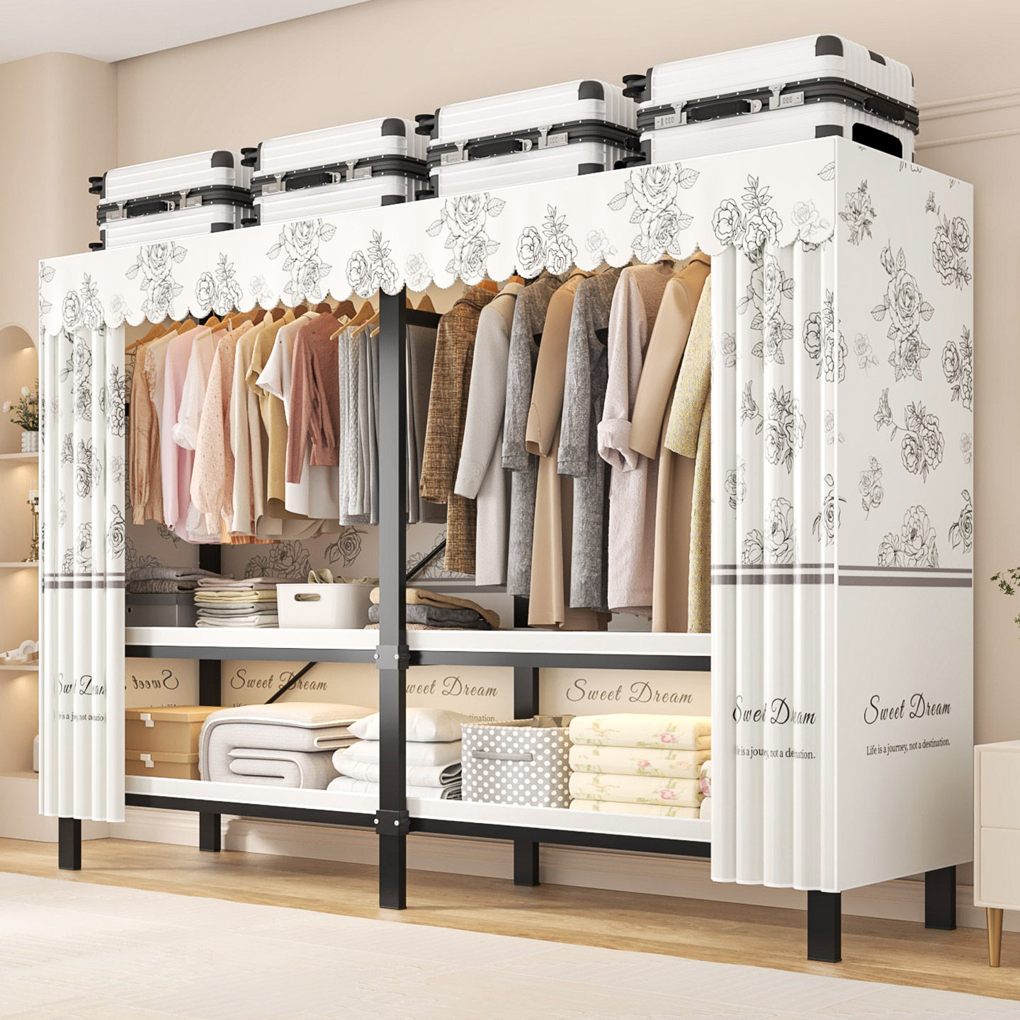 新款布衣柜家用卧室简易出租房用免安装全钢架加粗耐用收纳柜衣橱