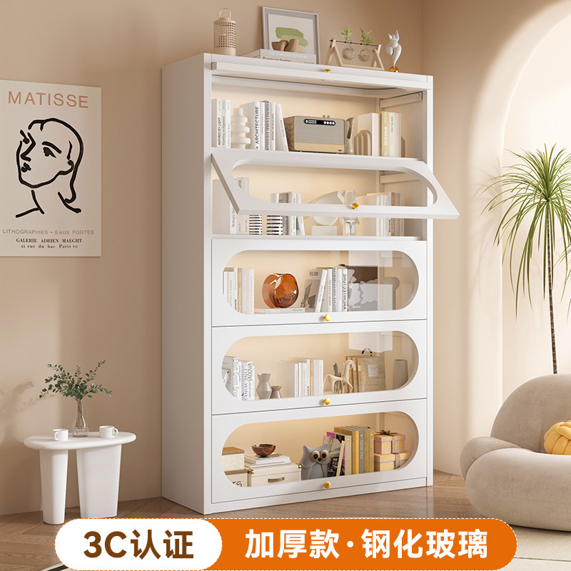 钢制书架带门玻璃儿童书柜落地家用客厅防尘展示柜铁艺置物架子