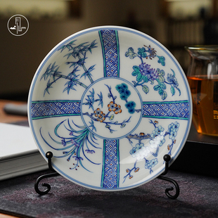 见山烧斗彩松竹梅壶承景德镇陶瓷纯手工手绘高端茶承茶盘壶托圆形