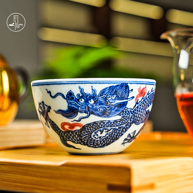 见山烧主人杯景德镇手绘青花釉里红祥龙杯陶瓷茶杯龙杯个人品茗杯