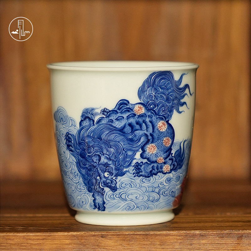 见山烧青花釉里红单狮海水杯主人杯品茗杯大号复古景德镇陶瓷茶杯