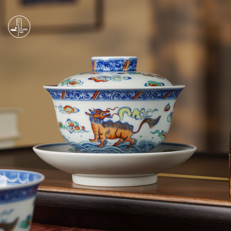 见山烧斗彩瑞兽盖碗三才盖碗复古家用陶瓷手绘敬茶碗功夫茶具高档