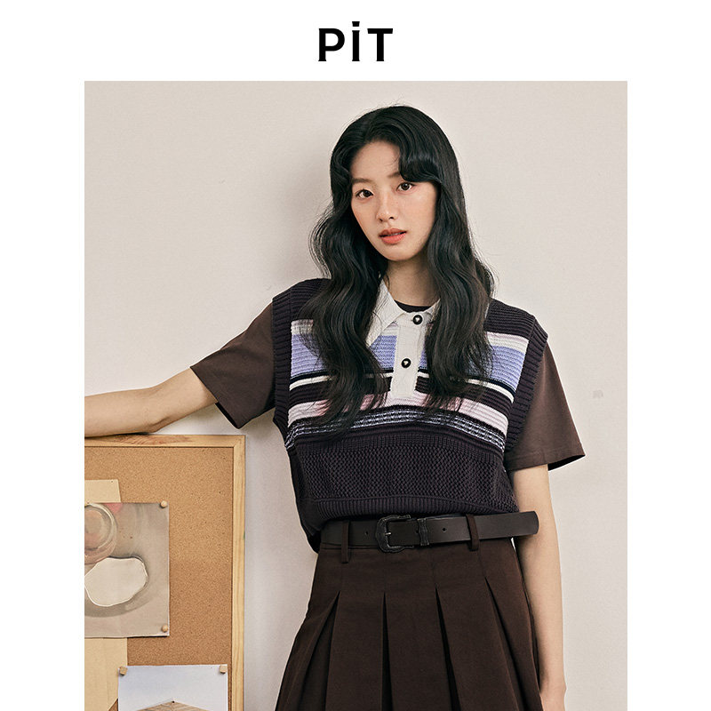 pit翻领撞色无袖马甲背心针织衫女夏季显瘦叠穿上衣图片