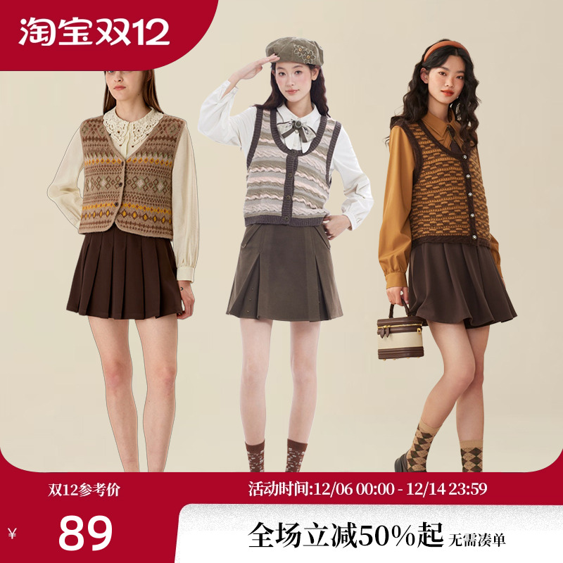 【昕怡粉丝专享】pit复古针织开衫马甲女年秋季新款U领无袖设