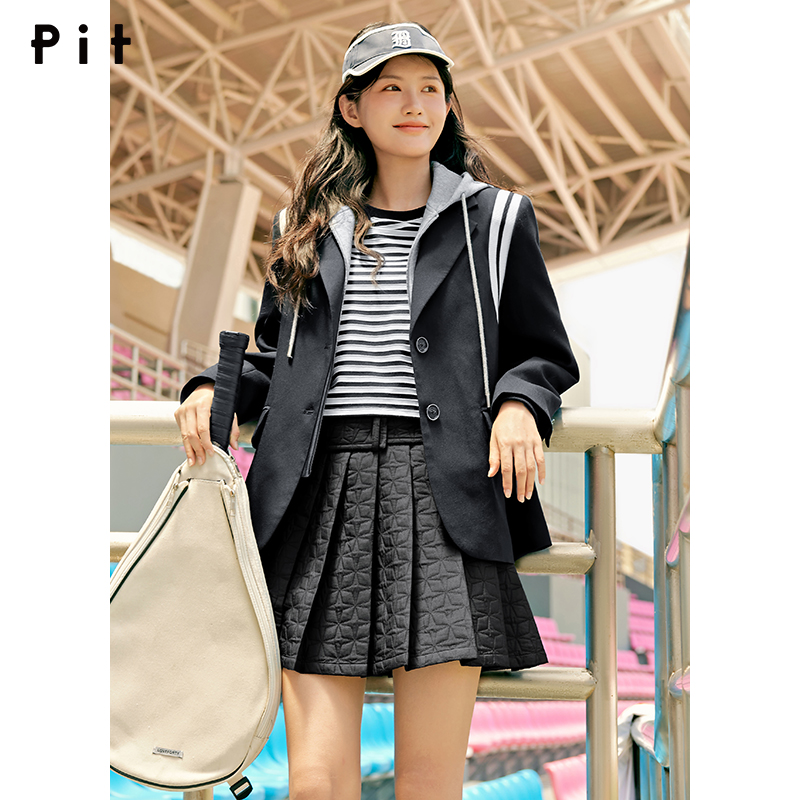 【昕怡粉丝专享】pit复古设计感拼接连帽西装女年春装新款小