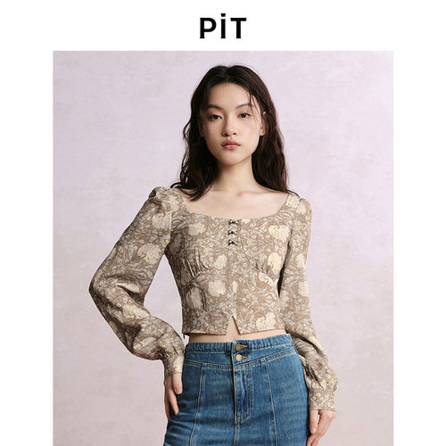pit复古碎花方领短款长袖衬衫女春季修身显瘦上衣