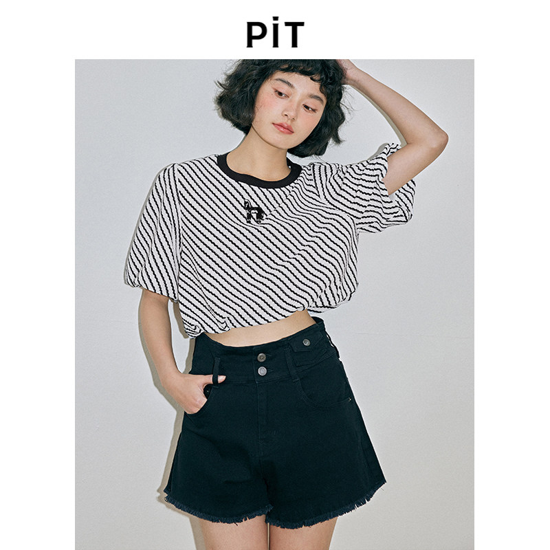 PIT复古条纹T恤黑白条纹上衣女夏季新款泡泡袖正肩短袖小衫图片
