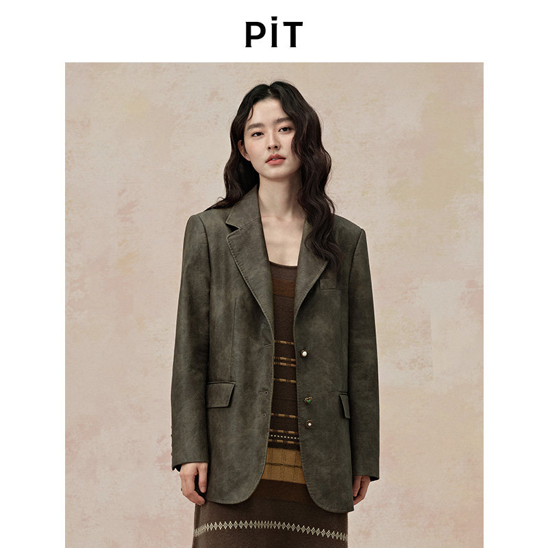 PIT复古款皮质西装外套秋季翻领夹克