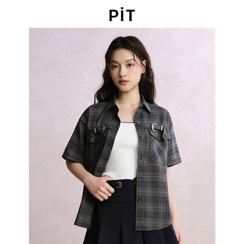 PIT复古翻领格纹格子短袖T恤衬衫女休闲宽松外套上衣